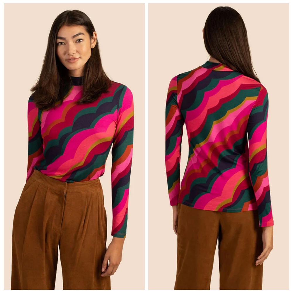 TRINA TURK Pierce Top Womens Small Pink Multi Scallop Wave Long Sleeve Mock Neck - Picture 1 of 13